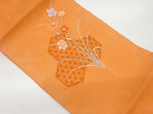 絽毘沙門亀甲に草花模様刺繍名古屋帯